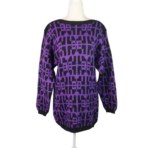 Vintage 80s Christian Dior Wool Sweater Purple Black Metallic Geometric L - Picture 1 of 5